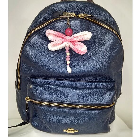 Handmade Crochet Wings Dragonfly Keychain Pink Vintage Beaded Bag Charm Purse - Picture 7 of 10